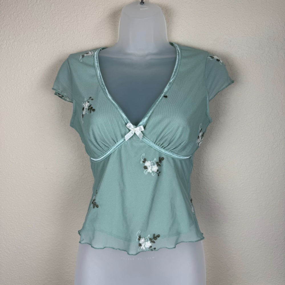 Thirty Thirty LA Green Babydoll Lace Overlay Coquette Dainty Floral Shirt Sz M